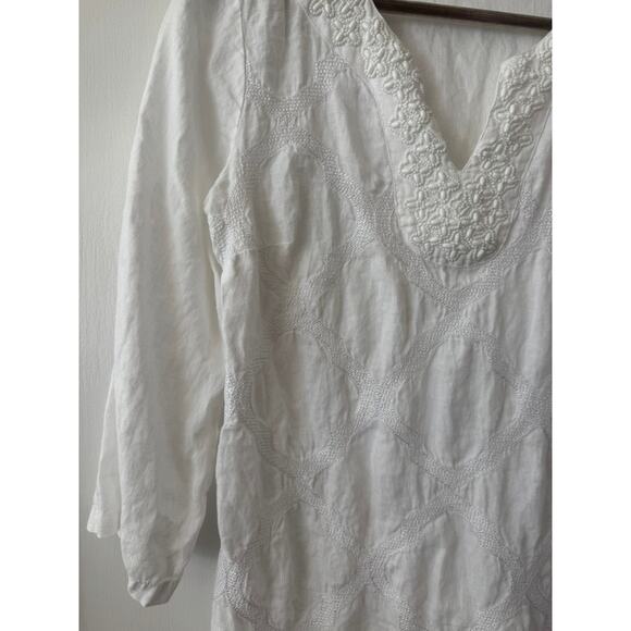 Charter Club White 3/4 Sleeve 100% Linen Embroidered Tunic Top Size Small - Picture 4 of 11